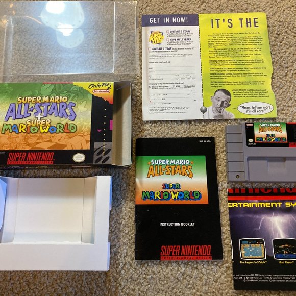 Super Mario All-stars and Super Mario World (Super Nintendo SNES) CIB Custom box